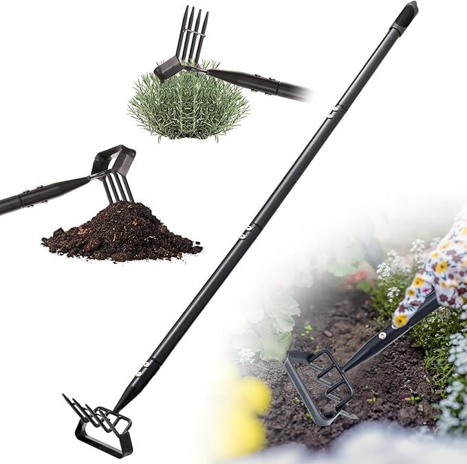 Garden Hoe, Heavy Duty Stirrup Hoe with 30-79" Adjustable Long Handle, Hula Hoe Garden Tool for Weeding, Double Action Scuffle Loop Hoe with Cultivator Rake for Loosening Soil for Gardening