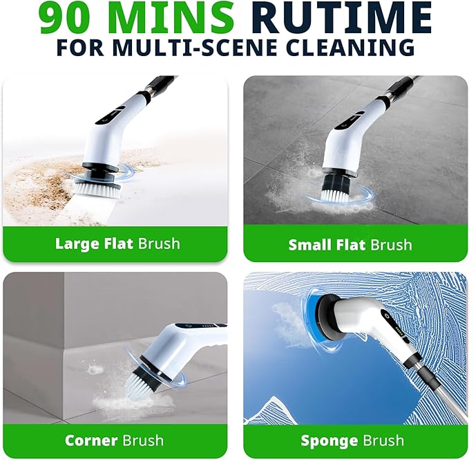 Versatile Depot Electric Spin Scrubber for Bathroom with 7 Replaceable Brush Heads – Power Scrubber with Adjustable Long Handle – Cordless Shower Cleaning Brush for Tile, Tub & Floor