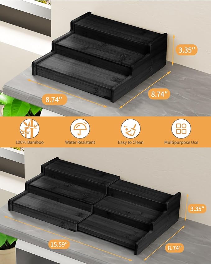 Spice Rack Organizer, 3 Tier Expandable Bamboo Spice Rack Organizer, Great for Kitchen Cabinet, Cupboard, Pantry and More-Black(2pack)