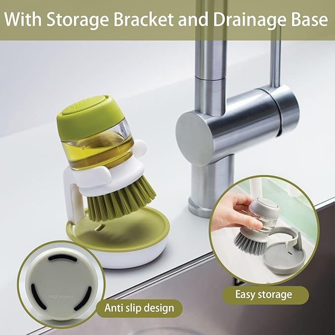 Soap Dispenser Dish Brush, Palm Brush Scrub Brush, with Storage Bracket and Drainage Base, Gray