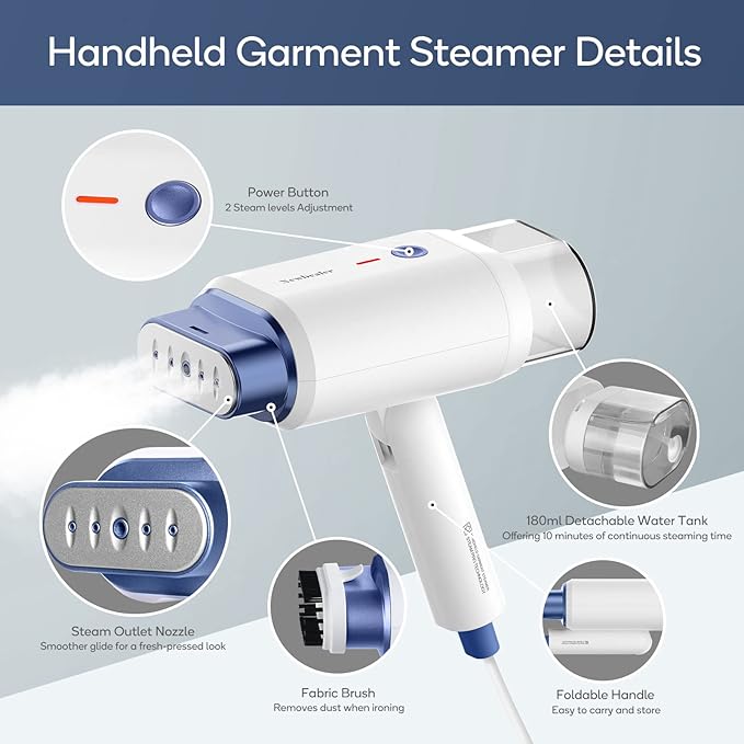 Newbealer Steamer for Clothes, 1200W Travel Steamer with Horizontal & Vertical Steaming, 2 Steam Levels, Dry Ironing, Foldable, 1.5lbs Lightly, 180ml Handheld Fabric Wrinkle Remover (120V Only)