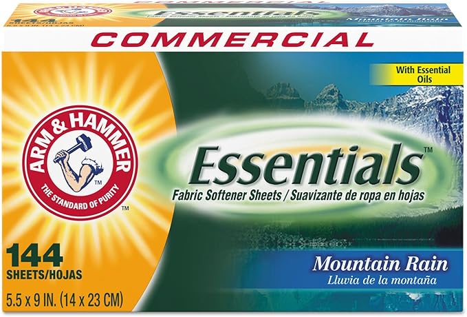 Arm & Hammer Essentials Dryer Sheets Professional, Mountain Rain, Box of 144 Sheets, (Case of 6)