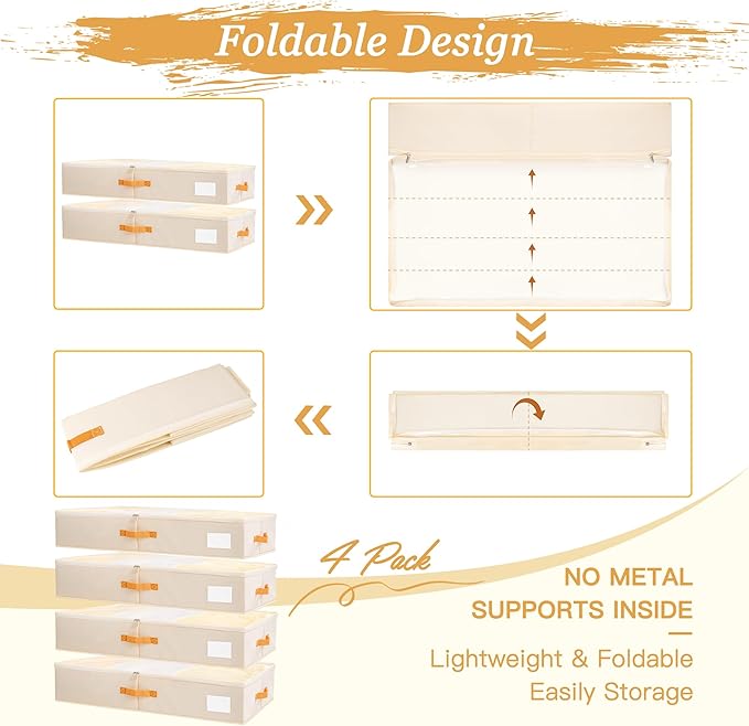 Criusia Under Bed Storage Bins with Clear PVC Lids – 4 Pack Large Underbed Organizers with Heavy-Duty Handles, Reinforced with 800G PP Panels & 80G Non-Woven Fabric – Waterproof & Foldable, Beige