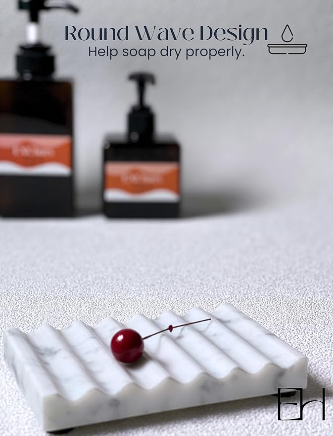 Marble Soap Dish - Soap Dish for Shower, Shower Bar Soap Holder, Real Marble Bathroom Tray, Decorative Stone Soap Dish with Drainage (Calacatta White, Round Wave)