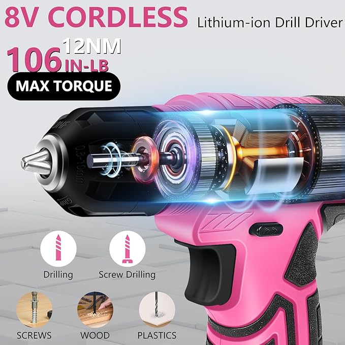 8V Cordless Drill, Drill Set with 3/8"Keyless Chuck, Built-in LED, Type-C Charge Cable, 12N.m, Variable Speed Trigger, Pink Electric Screwdriver for DIY- Women