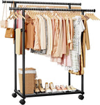 Sakugi Metal Clothes Rack - Double Rod Clothing Rack with Fixed Design and Rolling Wheels, Coat Rack with Built-In Shelf for Closet Organizers and Storage (45.6" x 16.9" x 61.0", Black)