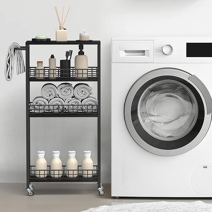 Slim Storage Cart 4 Tier Rolling Kitchen Cart Utility Serving Cart Laundry Room Narrow Cart with Handle Mobile Sheving Unit Organizer Wood Rolling Storage Cart for Bathroom Small Spaces, Modern Black