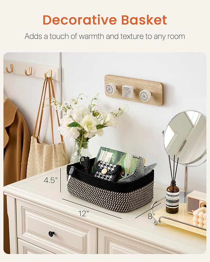 Small Woven Basket, 12 x 8 x 4.5 Inches, Storage Basket for Organizing, Cute Small Rope Shelf Closet Cube Storage Bins Baskets for Shelves, Dog Toy Gift Baskets Empty, 3 Pack Black & Brown