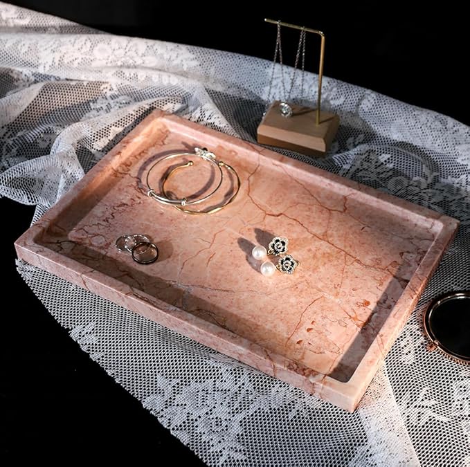 Real Luxurious Natural Marble Vanity Tray Genuine Marble Storage Tray for Home Decor Stone Tray for Bathroom/Kitchen/Vanity/Dresser Non-Resin/Non-Ceramic/Cream Rose