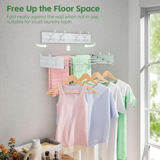 Wall Mounted Drying Rack 23.6", Foldable Laundry Clothes Drying Rack with 4 Towel Hooks and 4 Rods for Hanging Clothes Delicates, Space Saving for Indoor Outdoor Bathroom Balcony Laundry Room (23.6'')