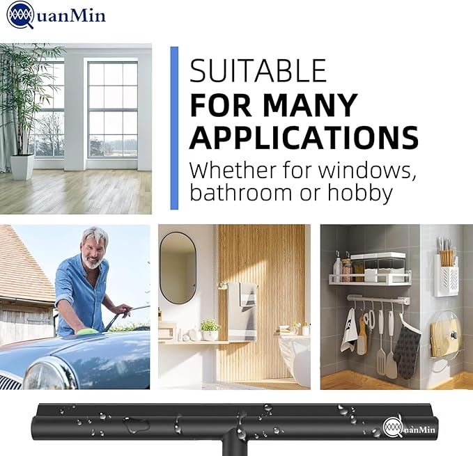 Upgrade Design Shower Squeegee with Hook, 11 inch Stainless Steel Core Glass Wiper, Multi-Purpose Glass Silicone Rubber Household Squeegees for Glass and Ceramic Doors Windows, Rounded Black