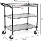Heavy Duty Utility Cart, 990Lbs Capacity 3 Tier Rolling Carts with Wheels, Kitchen Cart on Wheels with Storage, Commercial Grade Metal Serving Carts with Wire Shelving &Handle Bar, Black