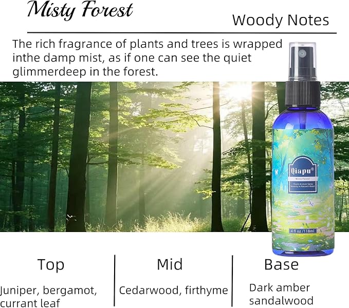 Natural Bedroom Linen Spray Scented Room Mist with Plant Extracts Long Lasting Freshness for Sheets, Pillows & Curtains –Ebony Agarwood + Misty Forest + Chamomile + Romantic Rose 4oz（4 Bottle）
