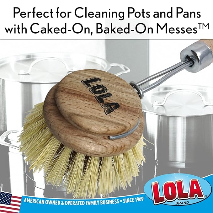 Lola Products Replacement Heads for The Original Pot & Pan Brush, Brass Wire & Tampico Bristles, Birch Hardwood, Heavy Duty Cleaning - 3 Pack