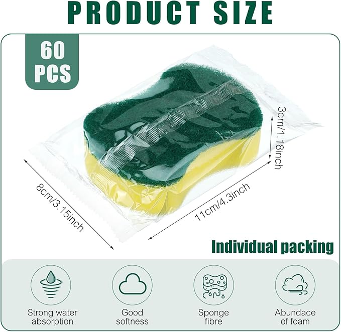 Tanlade 60 Pcs Individually Wrapped Sponges Kitchen Bulk Non Scratch Scouring Sponges for Dishes Household Cleaning Travel Apartments Hotel Car