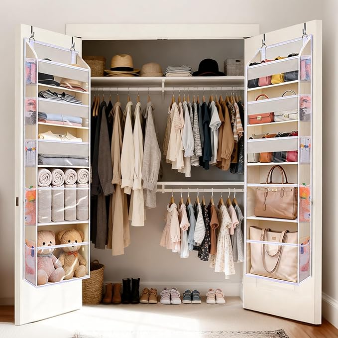 5 Tiers Over Door Organizer with 10 Mesh Side Pockets, 50 lbs Weight Capacity Hanging Storage Organizer with Clear Window Kids Toys, Shoes, Diapers, Beige