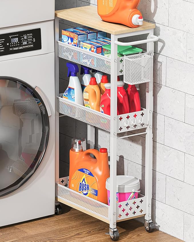 Slim Storage Cart 4 Tier Laundry Cart with Wheels, Narrow Metal Kitchen Rolling Carts Bathroom Organizers Storage Shelf with Wood Rack and Handle for Small Space