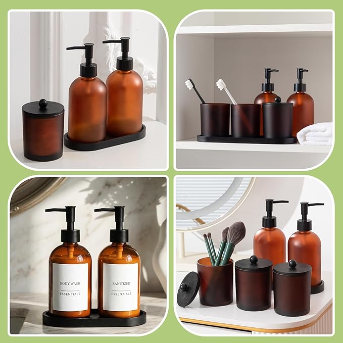 Yaomiao 5 Pack Bathroom Accessories Set, Modern Bathroom Decor Sets, Glass Liquid Soap Dispenser, Vanity Tray, Toothbrush Holder, Cotton Swab Jars with Lids for Sink Countertop(Amber,Frosted)