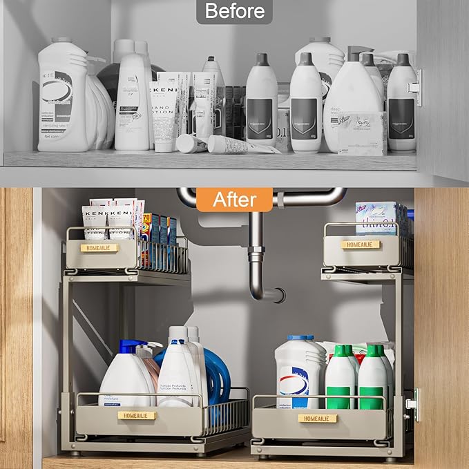Under Sink Organizer, High Adjustable 2 Tier Under Kitchen Sink Organizer, Multi-Purpose Storage Shelf for Kitchen Bathroom Cabinet, Gray