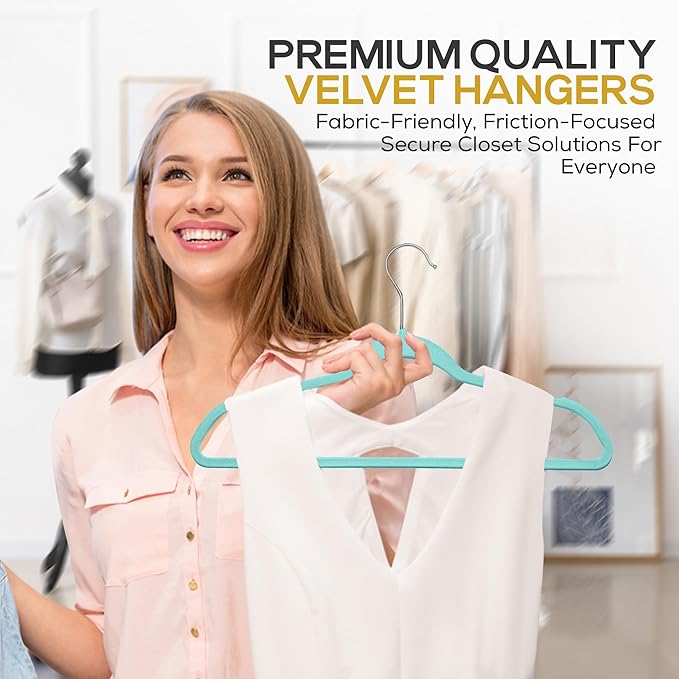 Techzoo 50 Pack New Premium Quality Velvet Hangers Ultra Thin Non Slip Adult Felt Space Saving Hangers for Closet Heavy Duty Coat Pants Dress Hangers 360° Swivel Hook Hold Upto 10 lbs Teal