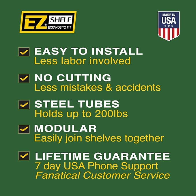 EZ Shelf - Hanging Shelf - Closet Rod - Expands 17.5-27” - White, Closet Shelves - Strong, Holds 200 lbs - DIY, Easy Install - to 2 Side Walls - Alternative to Wire Shelving