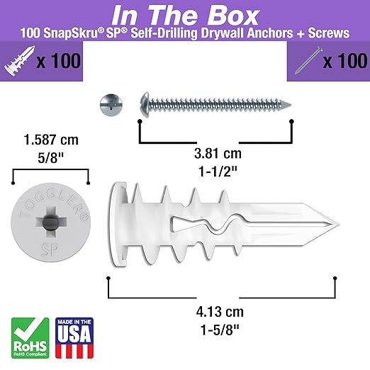 TOGGLER SnapSkru SP Self-Drilling Drywall Anchor for Hollow Wall, Made in The USA, Glass-Filled Nylon, for #6 to #10 Fastener Sizes