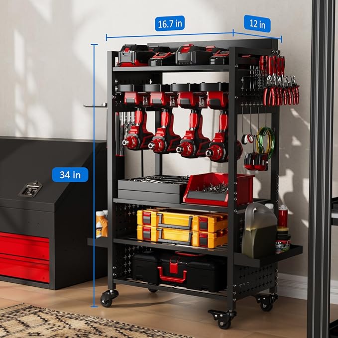 Power Tool Organizer Cart with 8 Charger Ports & Adjustable Storage, Garage Workshop Utility Cart for Mechanic, Birthday Gift Ideas for Men