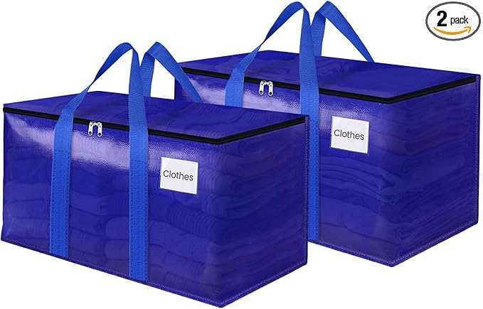 FabSpace Moving Storage Bags, Moving Supplies Packing Boxes for Moving, Camping, College Dorm Room Essentials for Girls, Blue Tote Bags, Heavy-Duty Storage Bins With Lids And Zippers, 76L 2 Pack