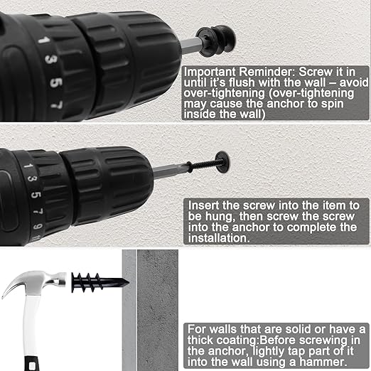 KURUI Black Self Drilling Drywall Anchors, 140PCs #8 Dry Wall Anchors and Flat Head Screws Kit, 70 Anchors + 70 Screws, 75LB Heavy Duty Hanging for Picture Frames Wall Decor Art, Sheetrock Hangers
