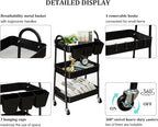 danpinera 3-Tier Rolling Cart, Metal Rolling Storage Cart with Lockable Wheels & Hanging Cups & Hooks, Mobile Trolley Cart for Kitchen, Bathroom, Office, Workshop, Black