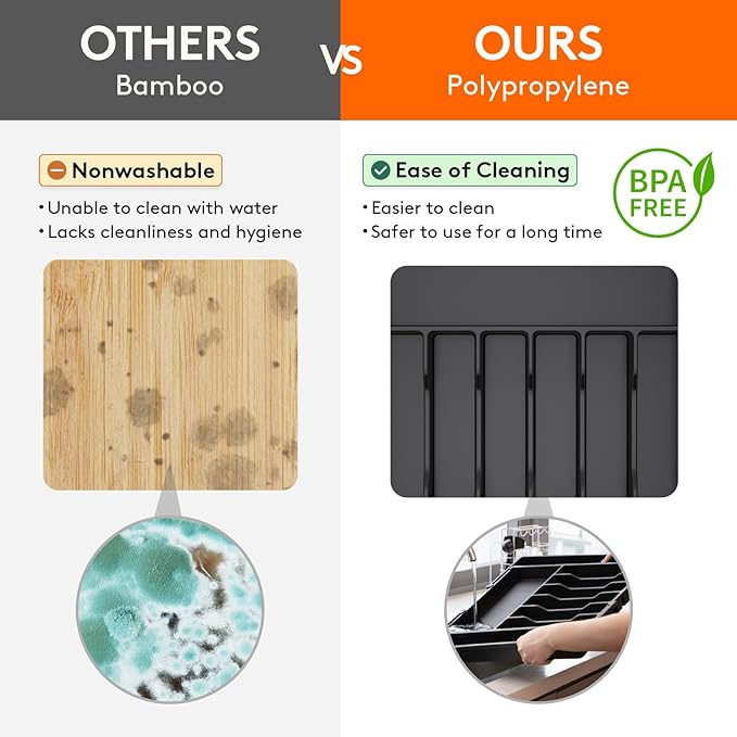 Lifewit Silverware Drawer Organizer, Expandable from 16.9 to 30 inches, Large Utensil Tray for Kitchen, Adjustable Cutlery Holder, Plastic Flatware Storage for Spoons Forks Knives, Black