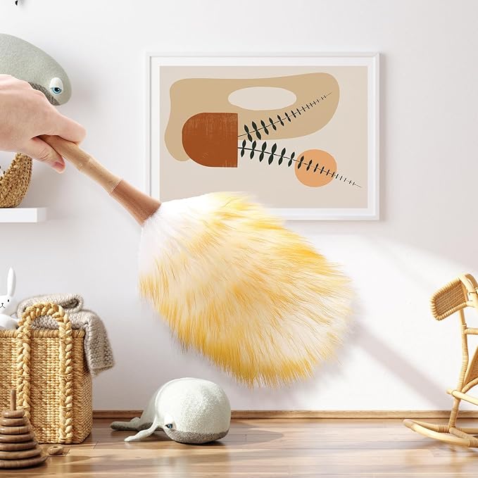 Feather Duster, Lambswool Duster for Cleaning,with Solid Wooden Handle,Leather Hang Strap,Anti-Static 14.9 inch Washable Reusable Small Hand Duster(Natural) for Office, Home and Car