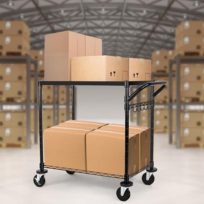 WDT 680Lbs Capacity Heavy Duty Rolling Utility Cart,2 Tier Rolling Carts with Wheels,Commercial Grade Metal Cart with Handle Bar & Shelf Liner,Trolley Serving Cart for Restaurant,Kitchen,Black