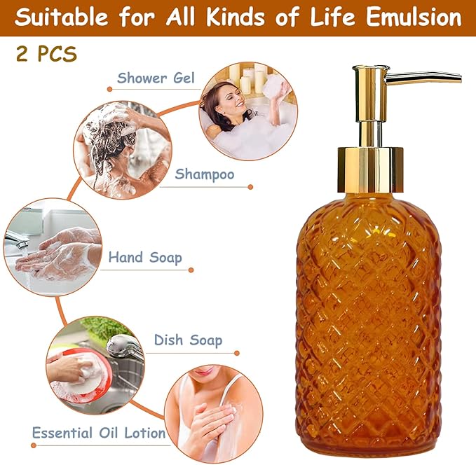 Orange Glass Soap Dispenser, 13.5oz Bathroom Hand Dispenser, Lotion Dispenser with Gold Plastic Pump for Modern Home Decor, Kitchen Countertop, Hotel(2 Pack)