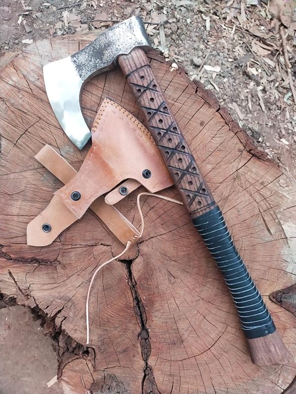 Kacha Store | custom handmade Viking medieval Axe with Viking gift,Hand Axe,Viking Gifts for Men,Camping Tomahawk,Bearded,Valhalla Axe with Leather Sheath (Battle axe) (Ragnar Ax)