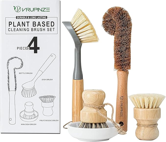 Natural Bamboo Dish Brush Bottle Scrub Brush 4-Piece Set, with Ceramic Soap Dispenser - Wooden Washing Up Brushes with Sturdy Handles for Cleaning Dishes, Pots, Pans, Gift Kit