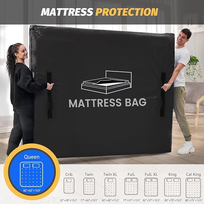 Mattress Bags for Moving and Storage, BETU Full Size Waterproof Mattress Protector Mattress Cover with 8 Heavy Duty Handles and Zipper Extra Thick Moving Supplies for Bed (2 Pack:77x57x13.5 Black)
