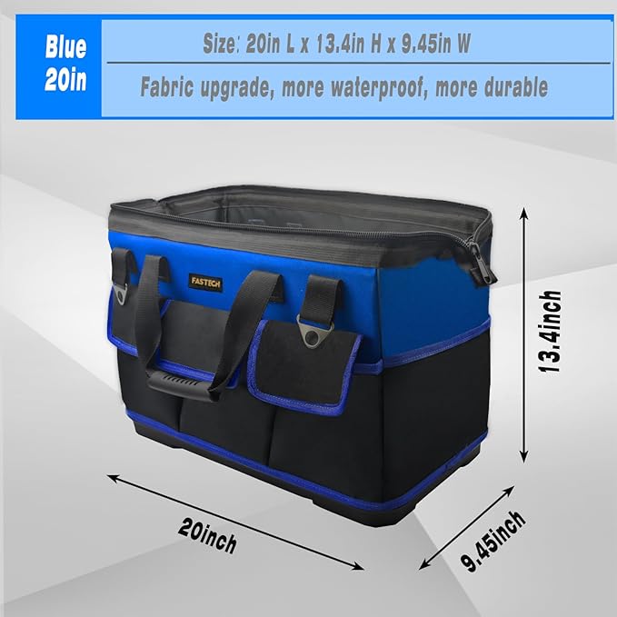 FASTECH 20 Inch Bottom Tools Bag With Wide Mouth For Tool Storage, Carrier and Organizer, Heavy Duty Tool Tote Bag for Men/Women, Wide Mouth Tool Bag With Inside Pockets (20 Inch)