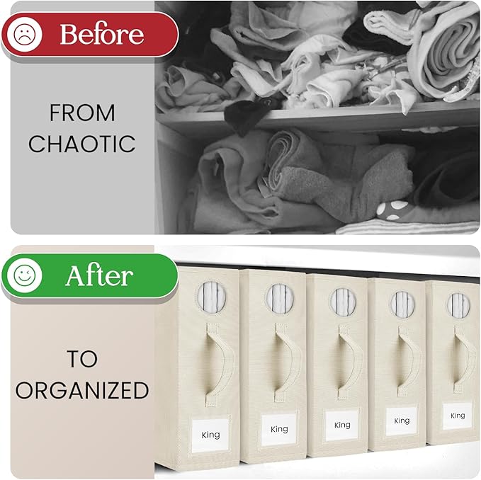 2 Pack Bed Sheet Organizer and Storage, Foldable Storage Bed Sheet Organizer for Linen Closet with Viewing Window & Label for Bedding Sheets & Blankets (Queen & King Size) Cream