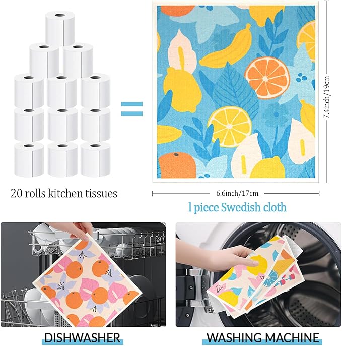 6 - Pack Swedish Kitchen Dish Cloths - Reusable Paper Towels for Counters & Dishes - Eco Friendly Cellulose Sponge Cloth - Assorted (Fruit Plants)