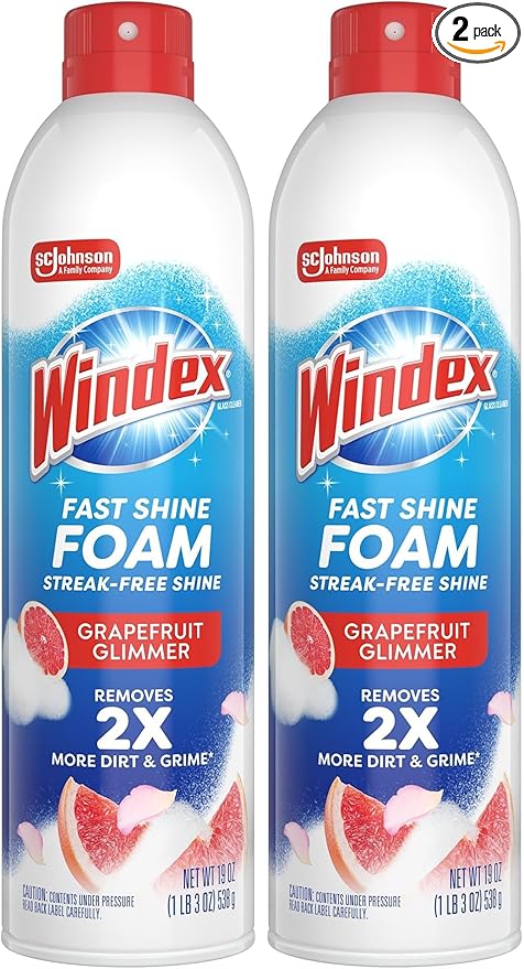 Windex Fast Shine Foam Glass Cleaner Supplies, No-Drip Window & Mirror Aerosol Spray, Streak-Free, Removes Fingerprints, Dust, Dirt & Smoke Film, Grapefruit Scent, 19 oz (Pack of 2)