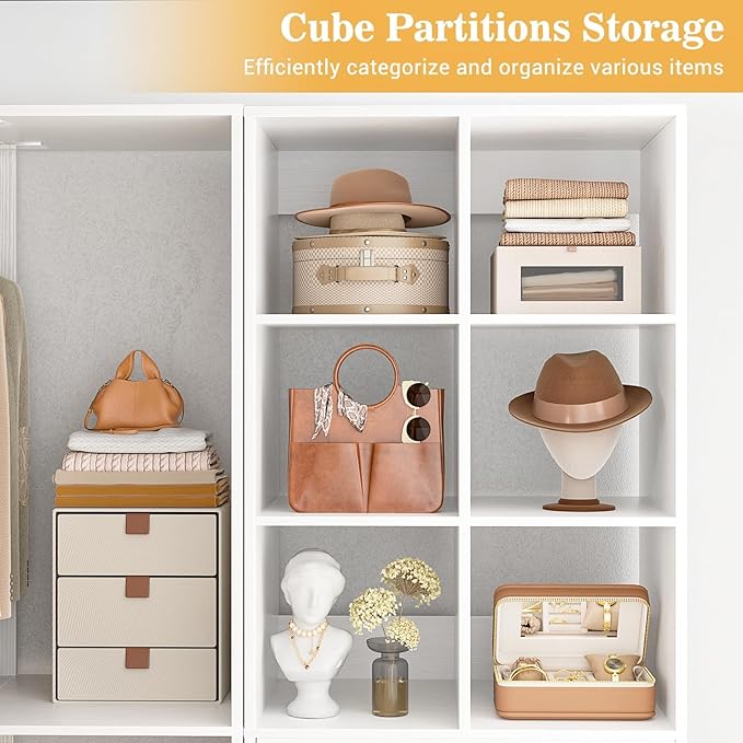 Homieasy Closet System Organizer with Drawers, Pants Rack, Cube Storage and Hanging Area – Wardrobe Organizer with Hanging Rods, Shoe Storage & Anti-Tip Kit – Expandable and Easy to Install, White