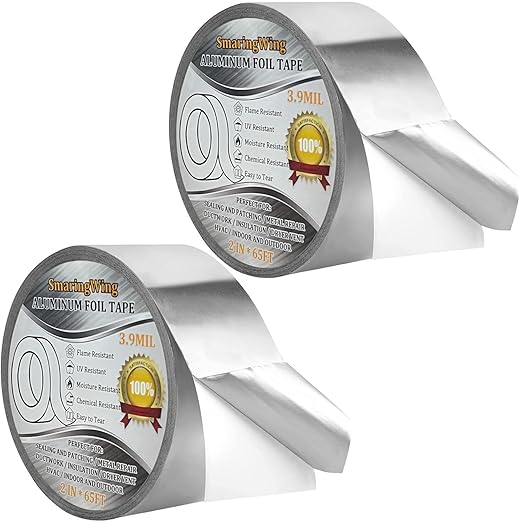 2PCS Premium Aluminum Foil Tape, Silver Metal Duct Tapes (2" x65Feet,3.9mil) with Adhesive Backing, High Temperature Heavy Duty Insulation Tape for Air Ductwork, Dryer Vents, HVAC, Sealing & Patching