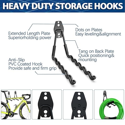 3-H Garage Hooks Heavy Duty with 2 Storage Straps, Utility Garage Wall Mount Hooks for Garden, Ladders, WeedEater, Shovel(Black)