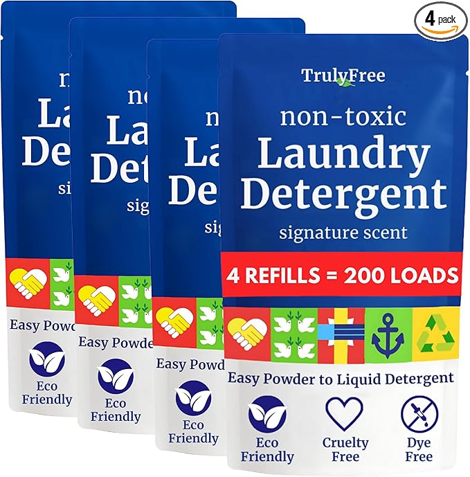 Natural Laundry Detergent for Sensitive Skin | Eco Friendly, Plant Based, Baby Clothes Safe | Clean & Easy Powder to Liquid, 4 Pack Refill Detergent, NO Jug | Signature Scent, 200 Loads
