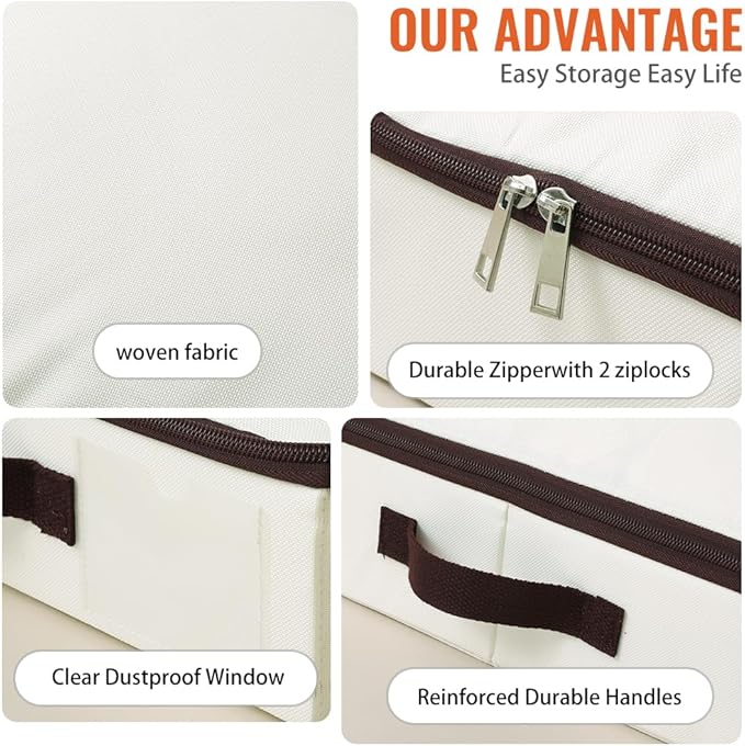 AMJ 2 Pack Foldable Under Bed Storage Basket Container, Sturdy Clothes Storage Drawer Organizer for Clothes, Shoes,Toys, Blanket, Comforter Organizers Bins, Beige