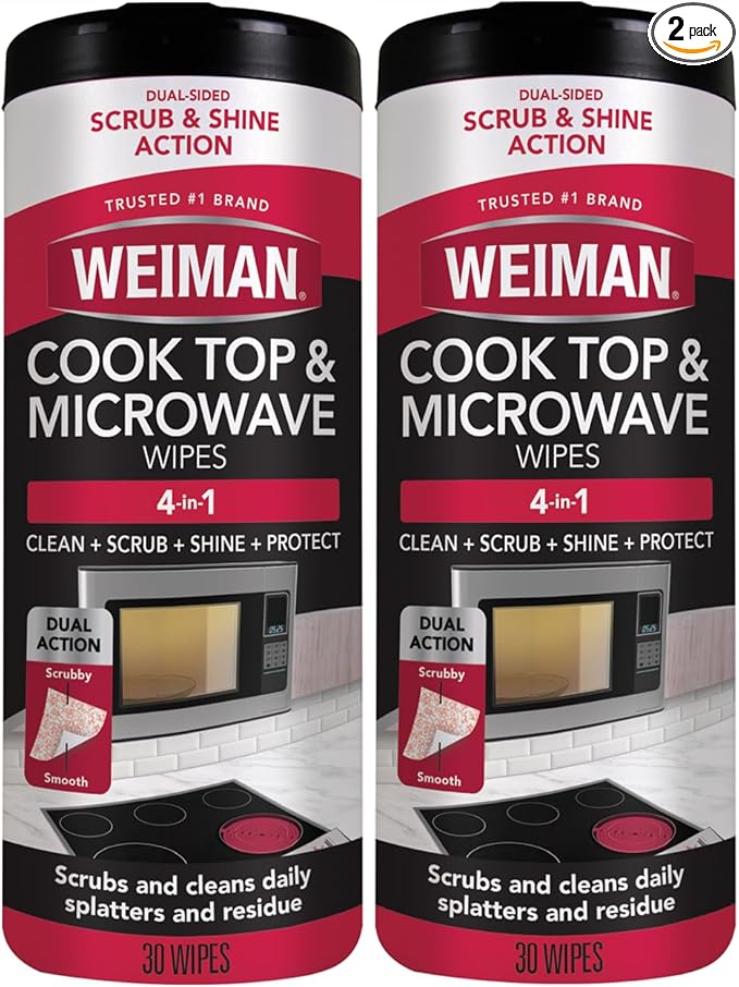Weiman Glass Cooktop and Microwave Wipes - 2 Pack - Cleaner for Daily Use Professional Home Kitchen Cooktop Cleaner and Polish Use on Induction Ceramic Gas Portable Electric - 60 Wipes Total