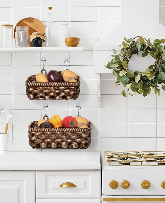 AceList Wall Hanging Basket, Boho Style Hand-Woven Hanging Storage Baskets - Set of 2, Ideal for Boho Room Decor, Kitchen, Garden, and Living Room(Brown)