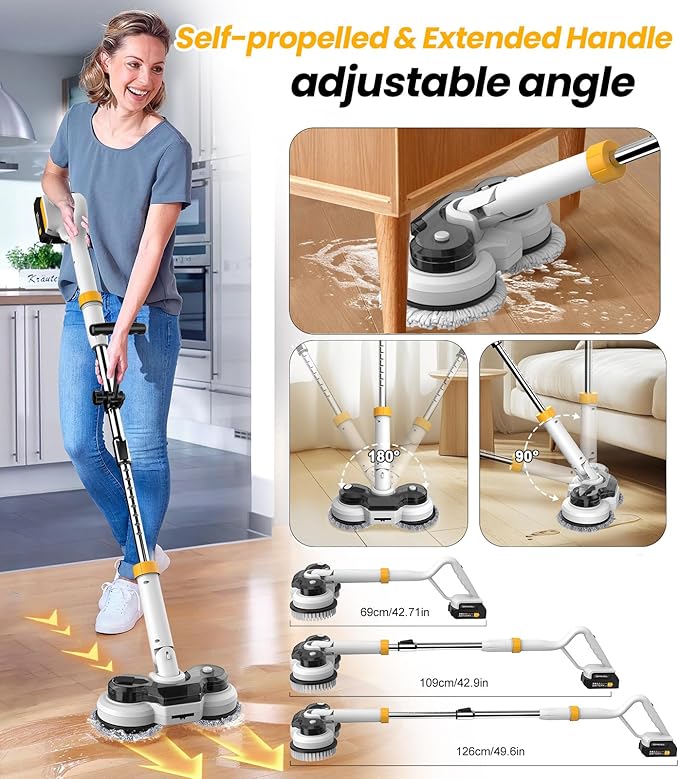 qimedo 800RPM Cordless Electric Mop, 6000mAh Battery Electric Power Scrubber & Mops for Floor Cleaning, Best Automatic Spin Mops with Smart Display,Rotating Mop with LED Light & Water Spray