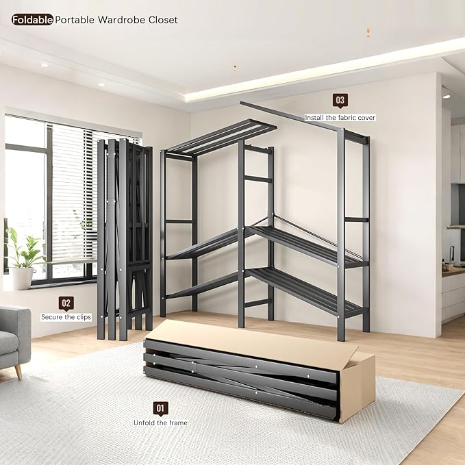 Foldable Portable Armoire Wardrobe Closet for Hanging Clothes Rack, Heavy Duty Covered Clothes Rack with Cover(HARDBOARD Magnetic), Closet Garment Rack for Bedroom Storage (KT Off-white, 59.05in)